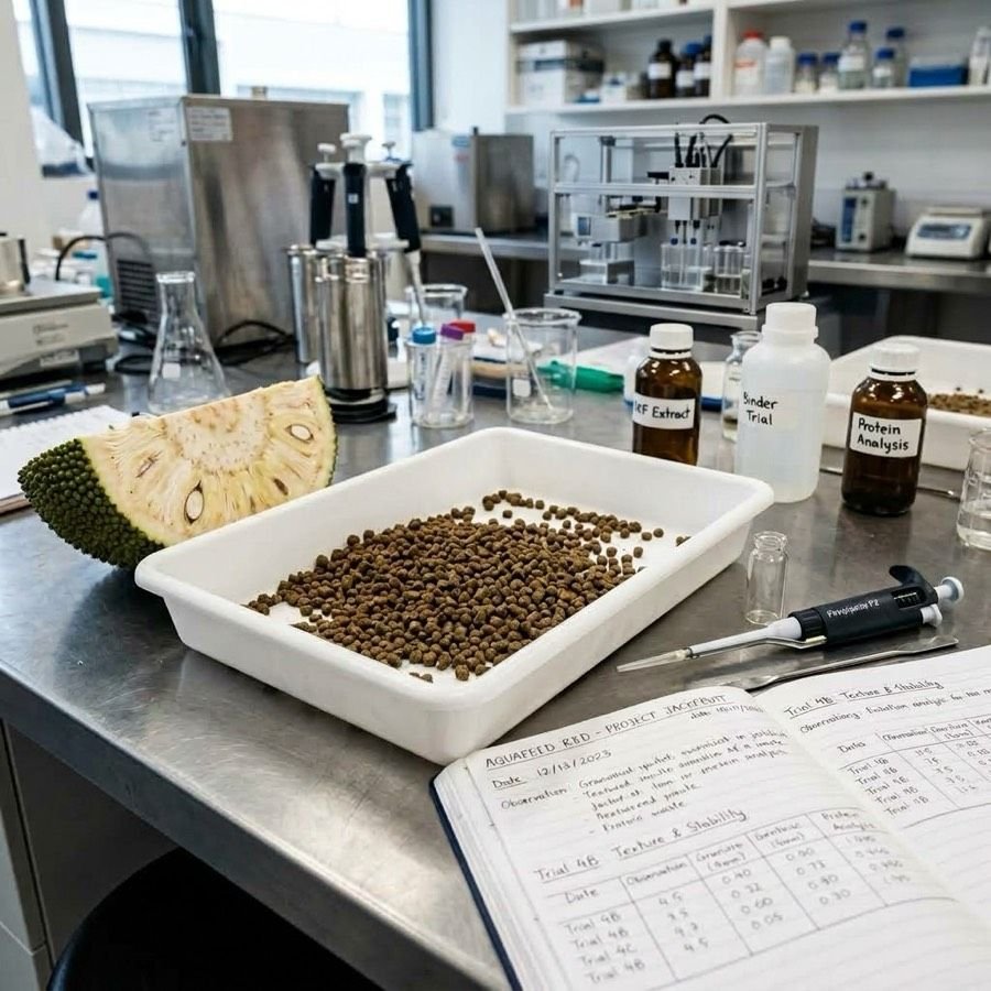 Jackfruit aqua feed pellets under laboratory trial, with texture, binder and protein analysis notes