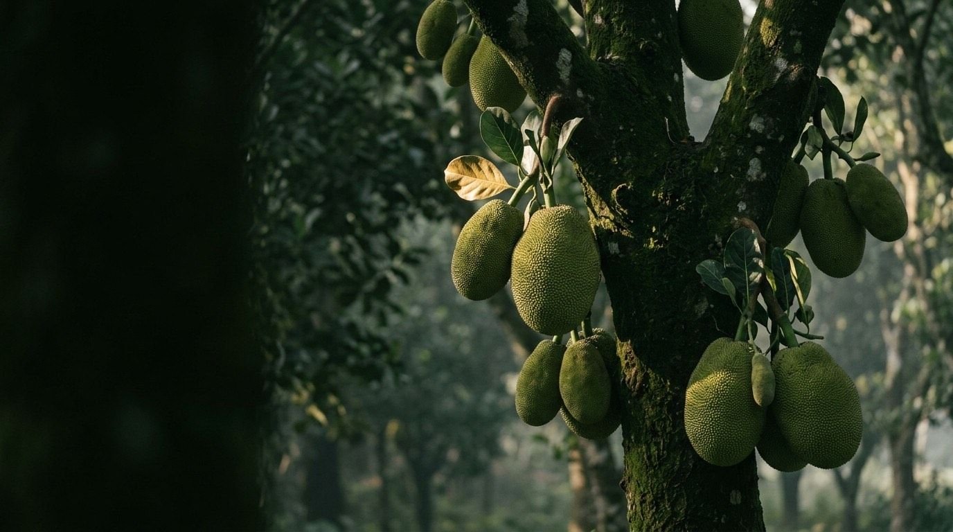 Jackfruit ripening on the tree in a Bangladeshi orchard