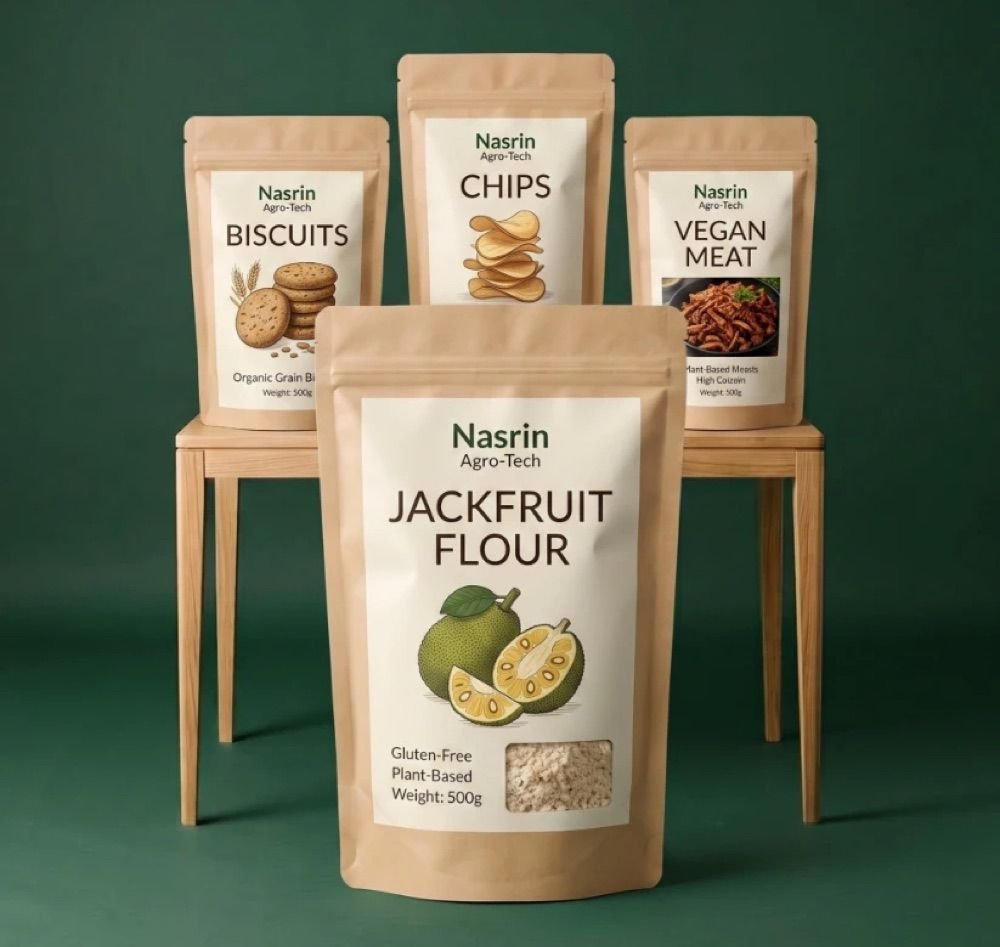 Nasrin Agro-Tech retail range: jackfruit biscuits, chips, ready-to-cook jackfruit and jackfruit flour in 500 g pouches