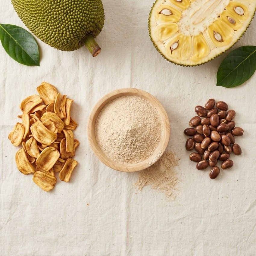 Whole and halved jackfruit alongside dried chips, milled flour and seeds
